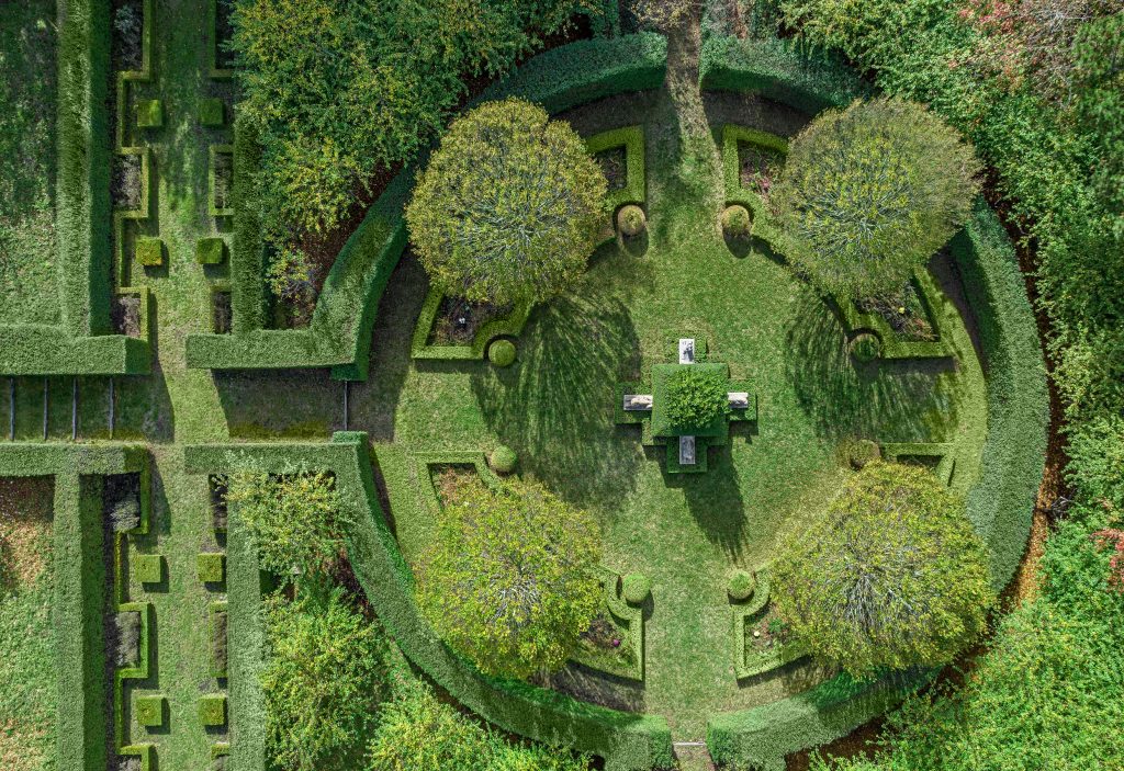 Aerial view of manicured hedge gardens